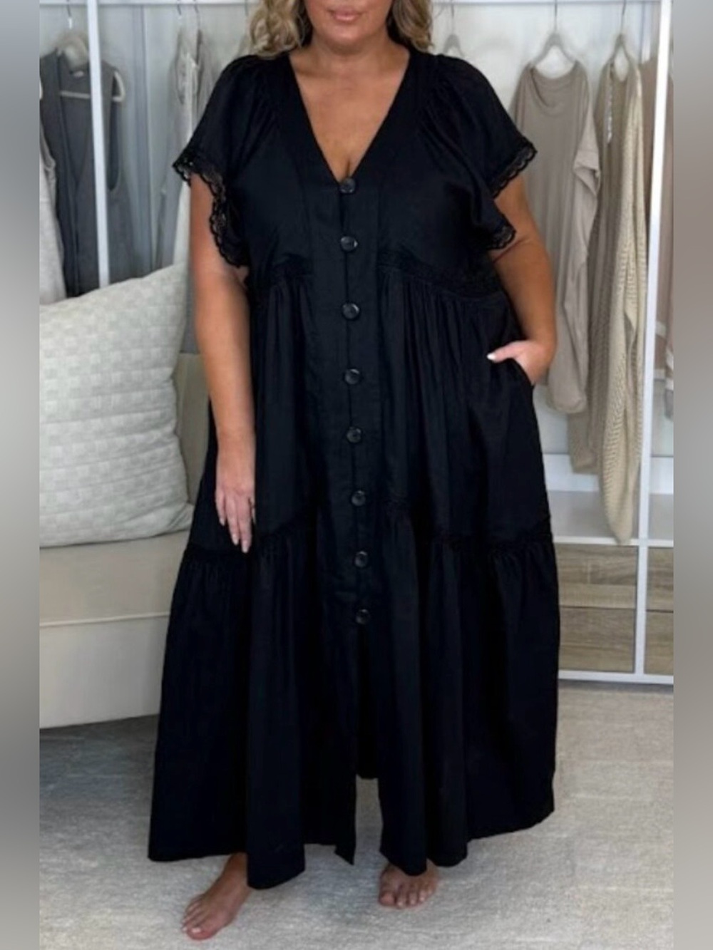 Anthropologie Black Button-Front Flutter Sleeve Maxi Dress